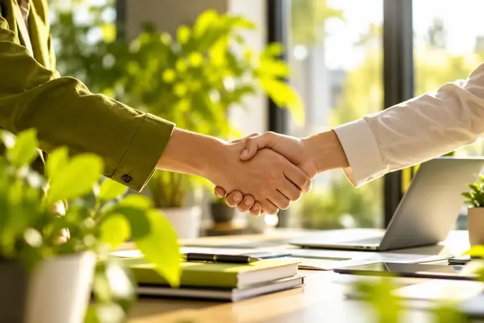 Zwei Geschäftspartner geben sich in einem modernen Büro die Hand als Symbol für Vertrauen, Zusammenarbeit und gemeinsame Ziele.