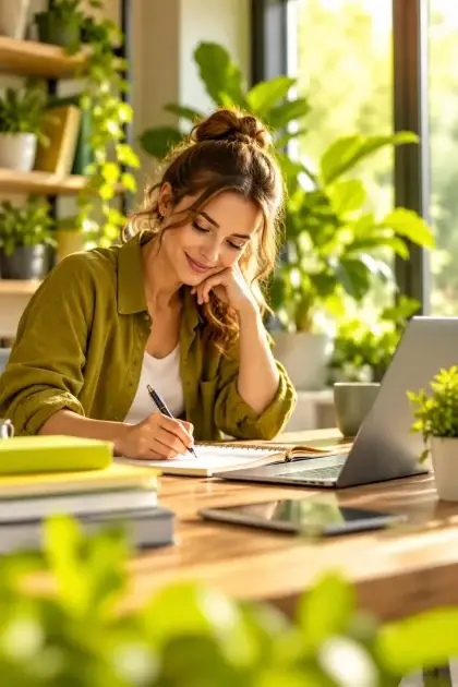 Autorin schreibt persönliche Erfahrungen und kreative Ideen in ein Notizbuch an einem hellen Arbeitsplatz mit Laptop und grünen Pflanzen.