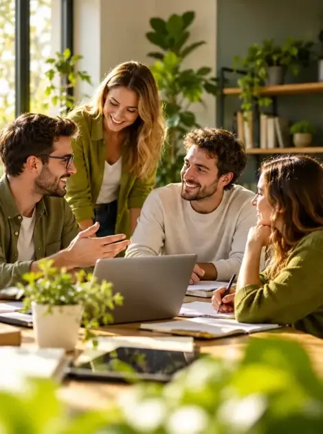 Autorenteam tauscht Ideen aus und arbeitet gemeinsam an vielseitigen Artikeln in einem modernen Arbeitsraum.