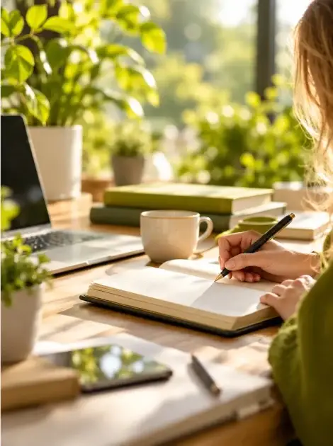 Autorin schreibt kreative Ideen in ein Notizbuch an einem hellen Arbeitsplatz mit Laptop, Büchern und grünen Pflanzen.