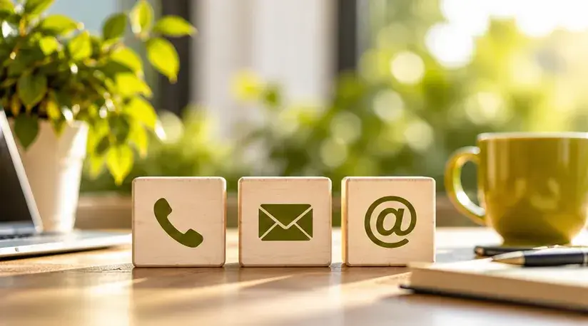 Symbole für Telefon, E-Mail und digitale Kommunikation auf einem hellen Schreibtisch