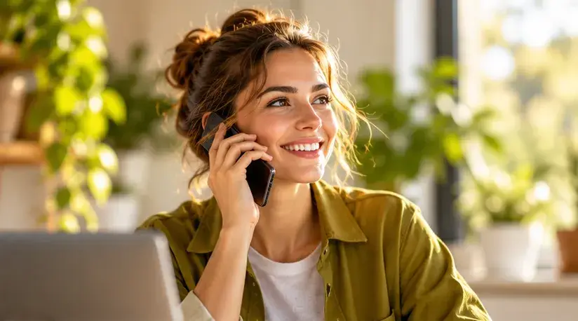 Freundliche Frau führt ein Telefongespräch in einem modernen Arbeitsraum