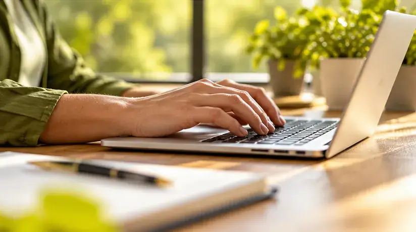 Person schreibt eine digitale Nachricht am Laptop in einem hellen Büro