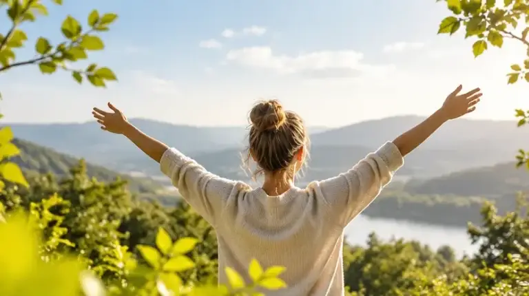 Frau genießt den Blick auf eine grüne Landschaft und entdeckt neue Perspektiven