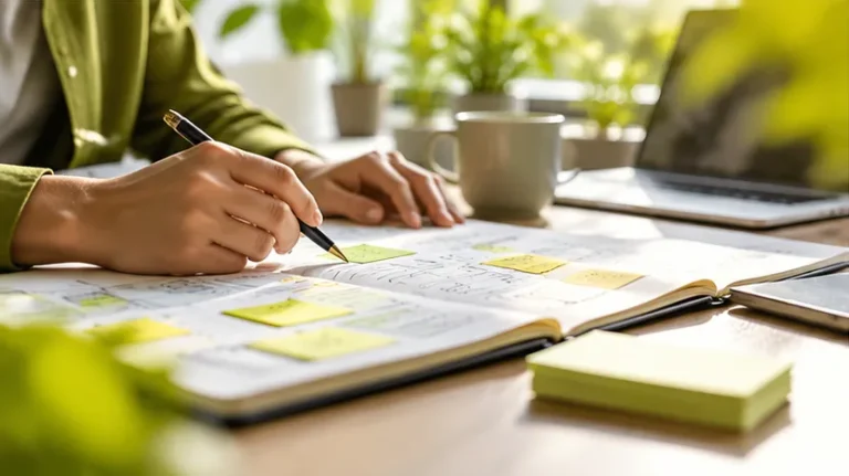 Person hält kreative Gedanken und Ideen in einem Notizbuch fest