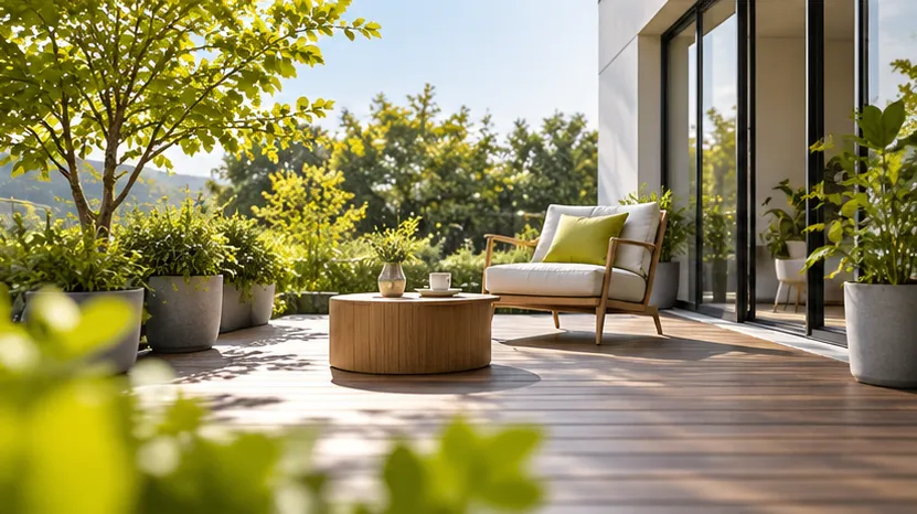 Moderne Terrasse mit grünen Pflanzen als ruhiger Ort für Inspiration und Entspannung